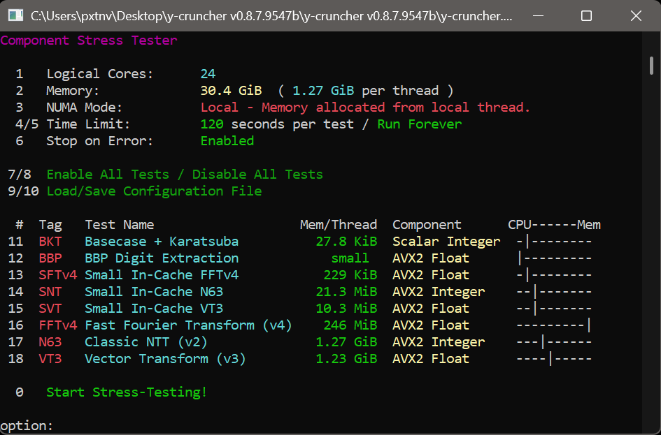 y-cruncher Component Stress Tester settings